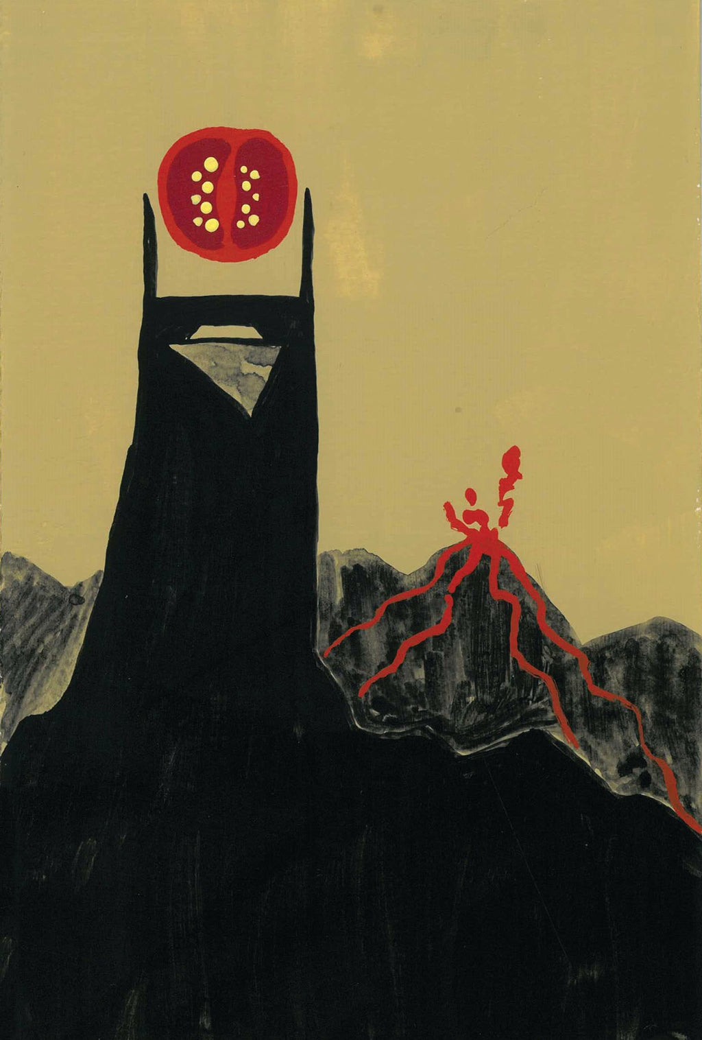 a painting of mordor but Barad Dur is thte AT&T Building in Nashville and the Eye of Sauron is a tomato. Created for Tomato Arts Fest in Nashville, TN