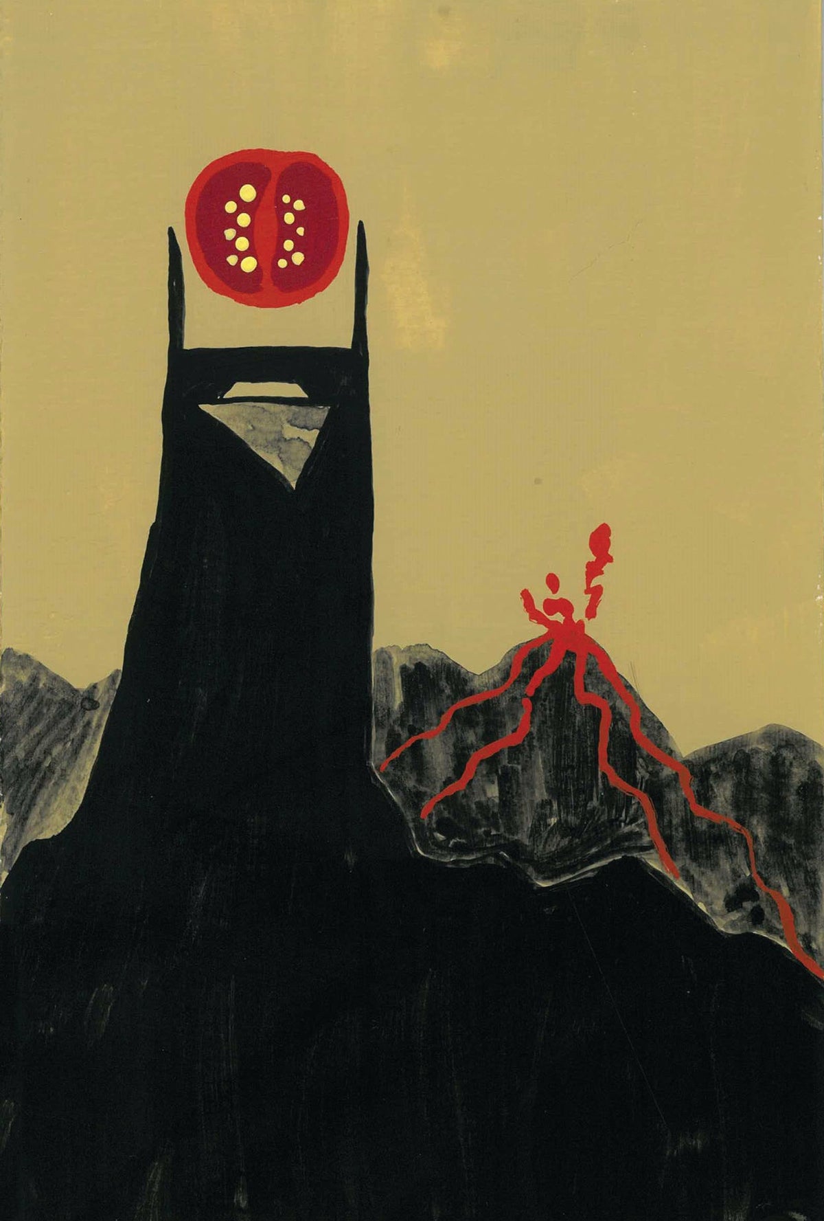 a painting of mordor but Barad Dur is thte AT&T Building in Nashville and the Eye of Sauron is a tomato. Created for Tomato Arts Fest in Nashville, TN