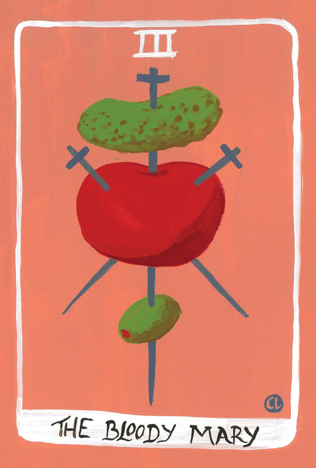 A gouache illustration of a tarot card design playing on the three of swords; instead, it's a tomato stabbed through with three toothpicks, including a pickle and an olive, and the card is called The Bloody Mary 