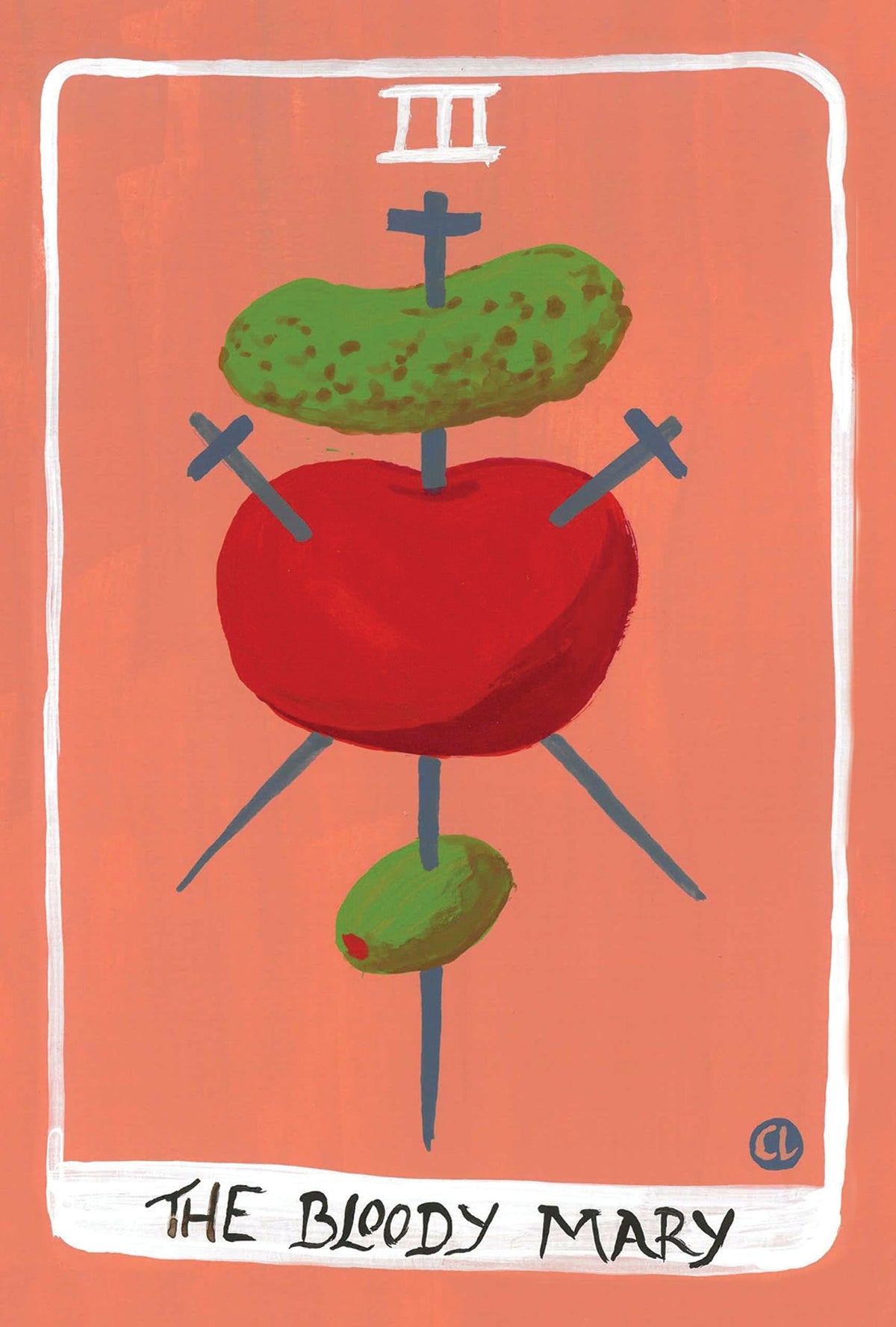 A gouache illustration of a tarot card design playing on the three of swords; instead, it's a tomato stabbed through with three toothpicks, including a pickle and an olive, and the card is called The Bloody Mary 
