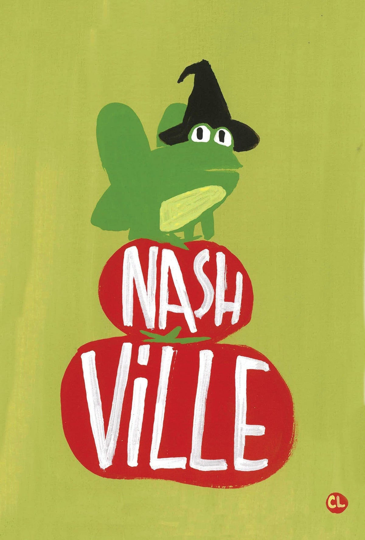 gouache painting of a green frog in a black witch hat sitting on two red tomatoes; the tomatoes have the word "Nashville" spelled across in all caps